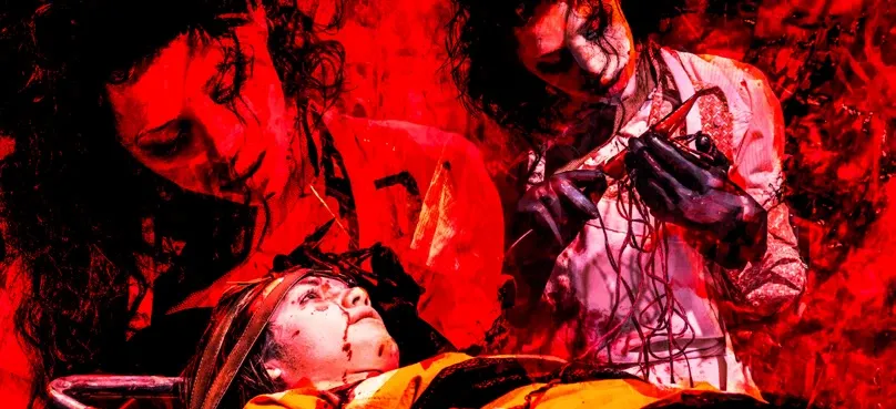 Illustrazione in toni rossi: una persona stesa su una barella con il volto sporco di sangue, due figure chine sopra di lei, una delle quali stringe tubi e cavi con guanti scuri