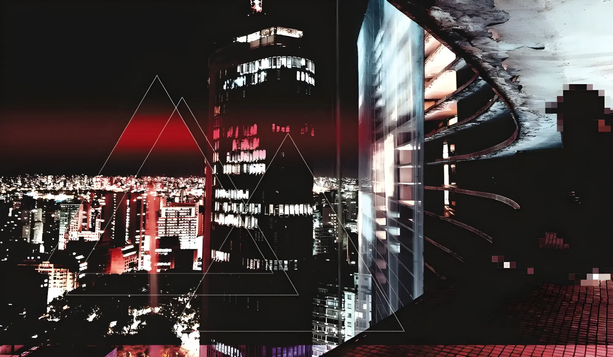 Collage digitale di uno skyline notturno virato in rosso, attraversato da triangoli tracciati a filo e da blocchi di pixel sgranati