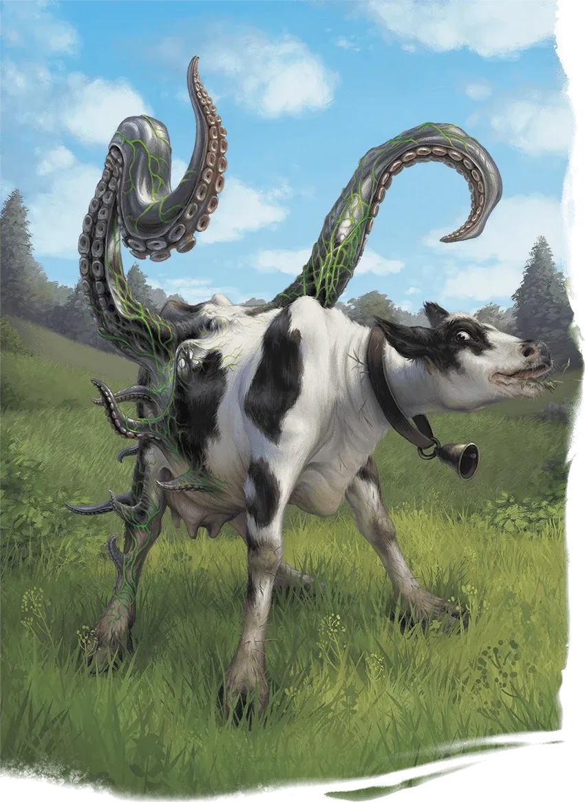Mucca pezzata bianca e nera con un campanaccio al collo, in un prato, dal cui dorso spuntano tentacoli grigi con ventose percorsi da venature verdi