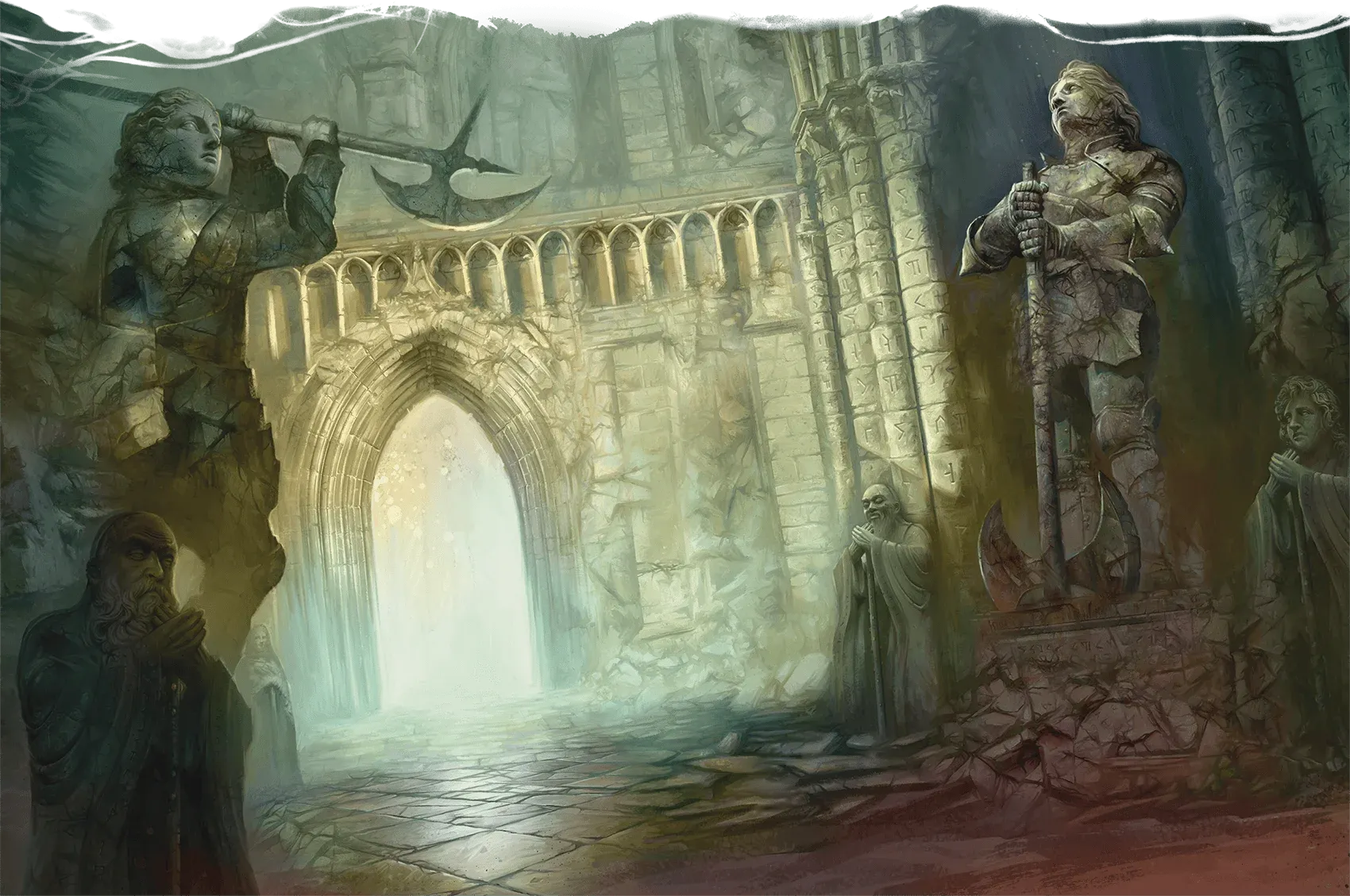 Arco di pietra illuminato tra due statue di guerrieri in armatura, una con l’ascia sollevata e l’altra appoggiata all’impugnatura dell’ascia, e statue più piccole di figure barbute in preghiera
