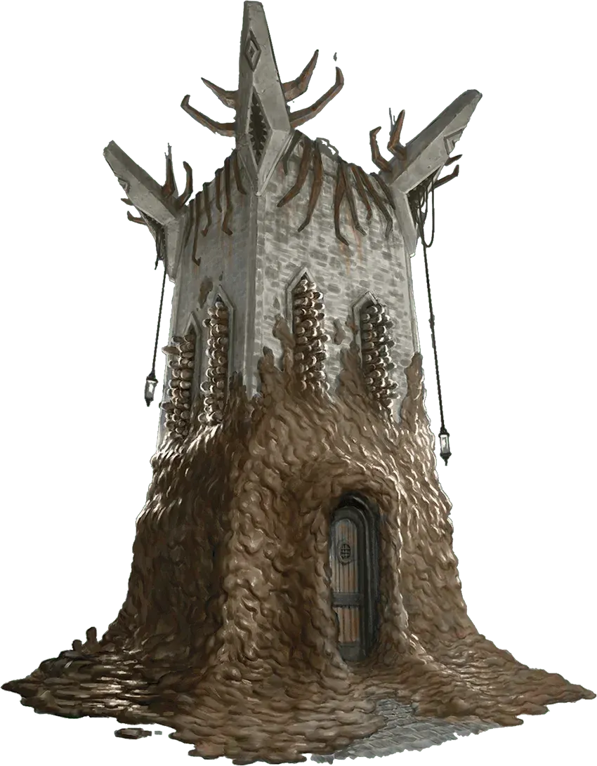 Torre di pietra grigia dal tetto a punte, con escrescenze brune sui cornicioni e lanterne appese, coperta alla base da fango bruno che riempie anche le finestre