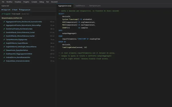 Ricostruzione di Visual Studio: l'Esplora test con le prove superate e, accanto, la query di aggregazione a finestre.