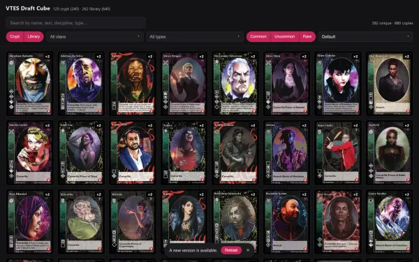 Griglia fitta di carte su fondo nero, con in cima la barra di ricerca e i filtri per cripta, clan, tipo e rarità.