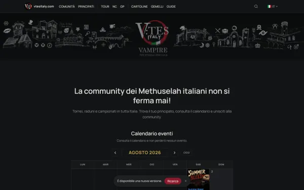 Home del portale su fondo scuro, con il disegno di una skyline di città italiane in testata e sotto il calendario degli eventi.