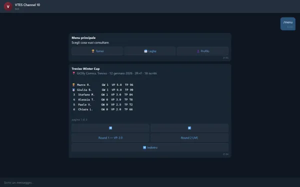Ricostruzione della chat: il menu a tre pulsanti e la scheda di un torneo con la classifica paginata in caratteri a spaziatura fissa.