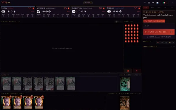 Tavolo di gioco su fondo scuro con i tre avversari in cima, il pool contato a gocce di sangue, la mano di sette carte e le zone della cripta.