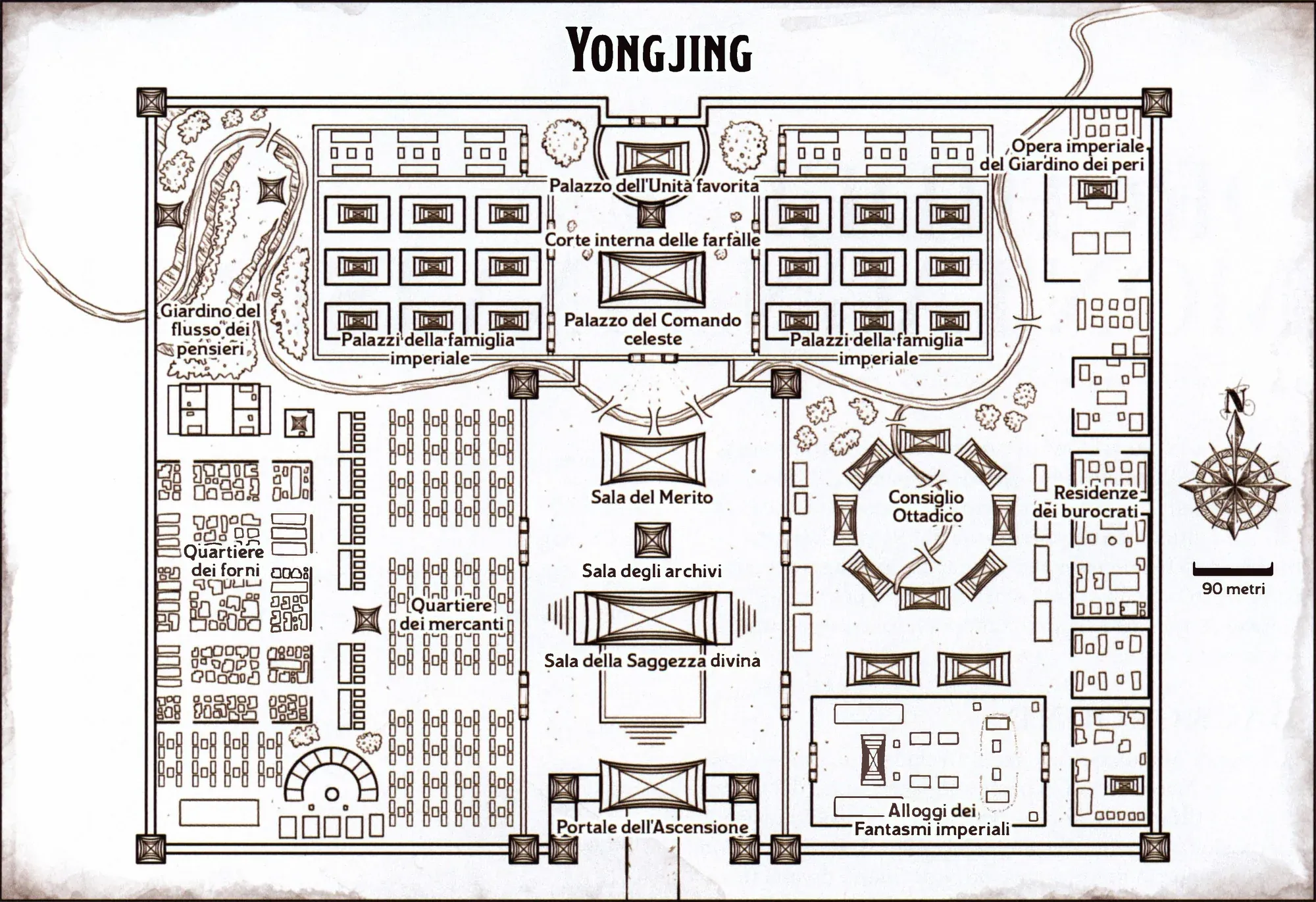 Pianta della città murata di Yongjing, tutta a rettangoli simmetrici: i palazzi della famiglia imperiale e la Corte interna delle farfalle a nord, la Sala del Merito, la Sala degli archivi e la Sala della Saggezza divina al centro, il quartiere dei forni e quello dei mercanti a ovest, il Consiglio Ottadico a est e il Portale dell’Ascensione a sud