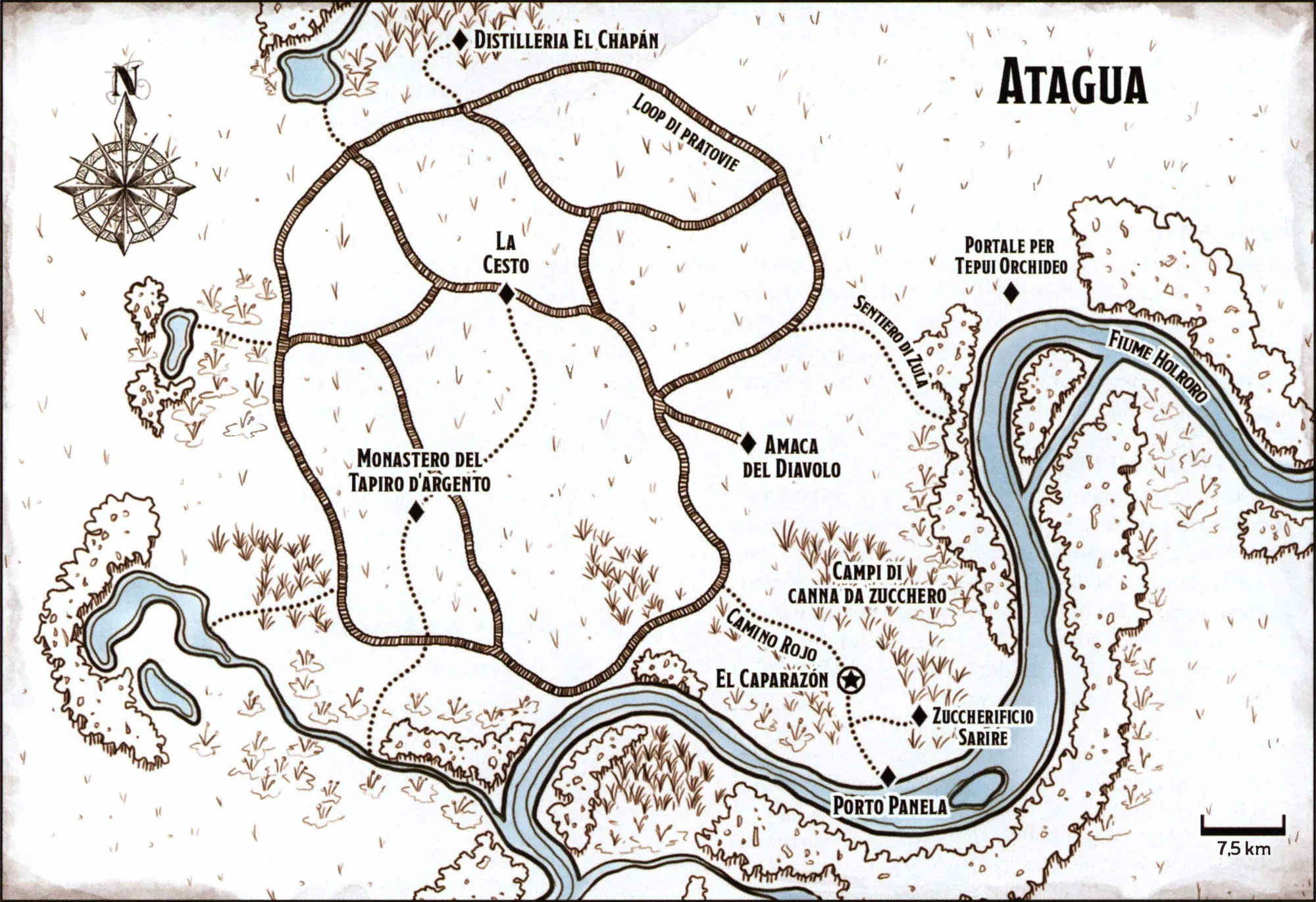 Mappa di Atagua: un anello di pratovie con il Monastero del Tapiro d’argento, il Cesto e la Distilleria El Chapán, i campi di canna da zucchero, El Caparazón, lo Zuccherificio Sarire e Porto Panela lungo il fiume Holroro a sud-est, e il portale per Tepui Orchideo a est