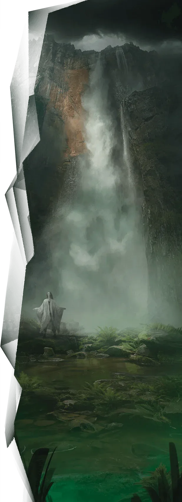 Cascata altissima che precipita da una parete rocciosa fra la nebbia, con una figura in vesti chiare e braccia aperte in piedi sulla riva verde e muschiosa ai suoi piedi
