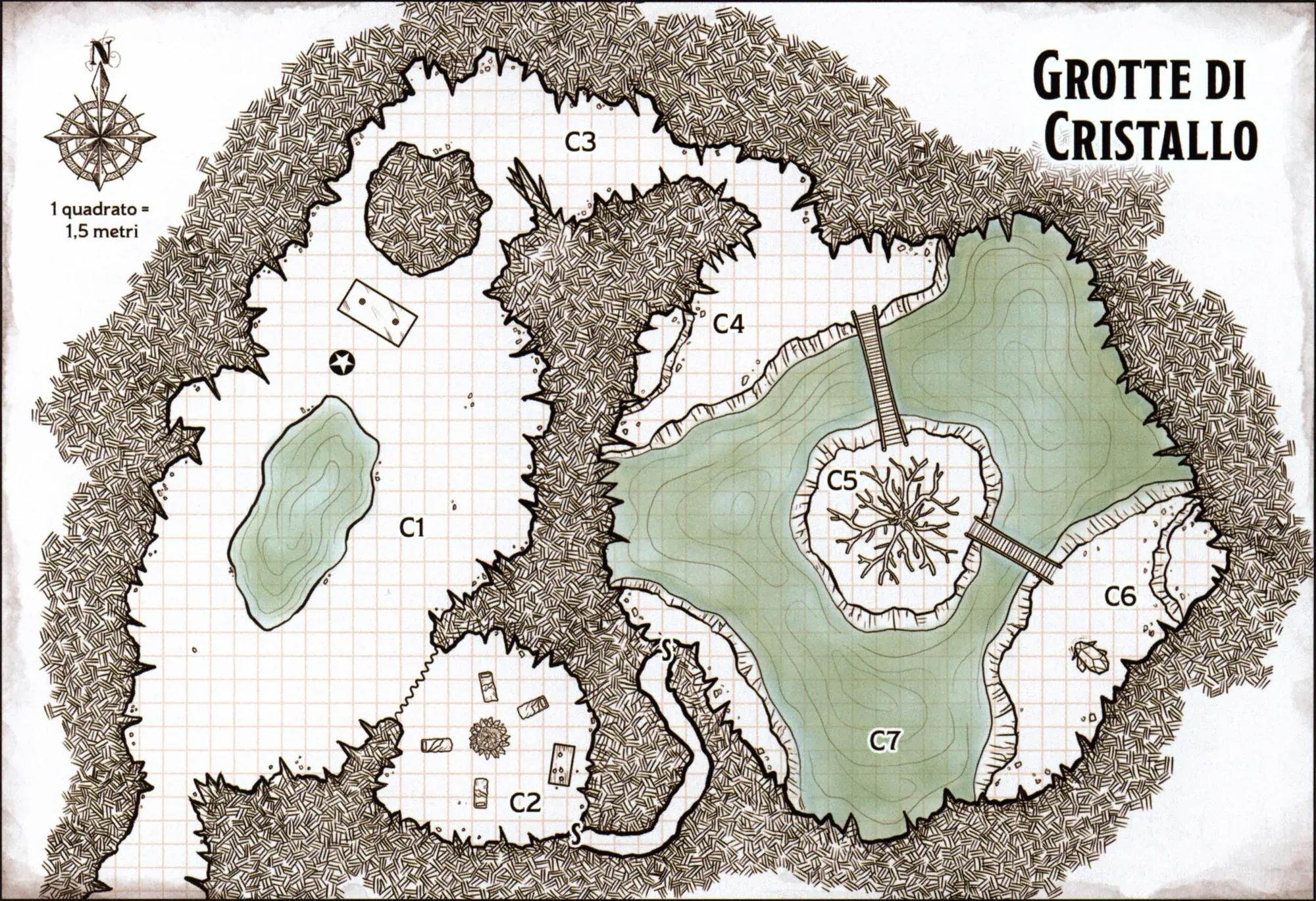 Mappa disegnata a mano delle Grotte di Cristallo: caverne dai bordi frastagliati con due pozze nella parte occidentale, un accampamento con casse e un focolare a sud, e a est un grande lago con un isolotto centrale su cui cresce un albero, raggiunto da due passerelle