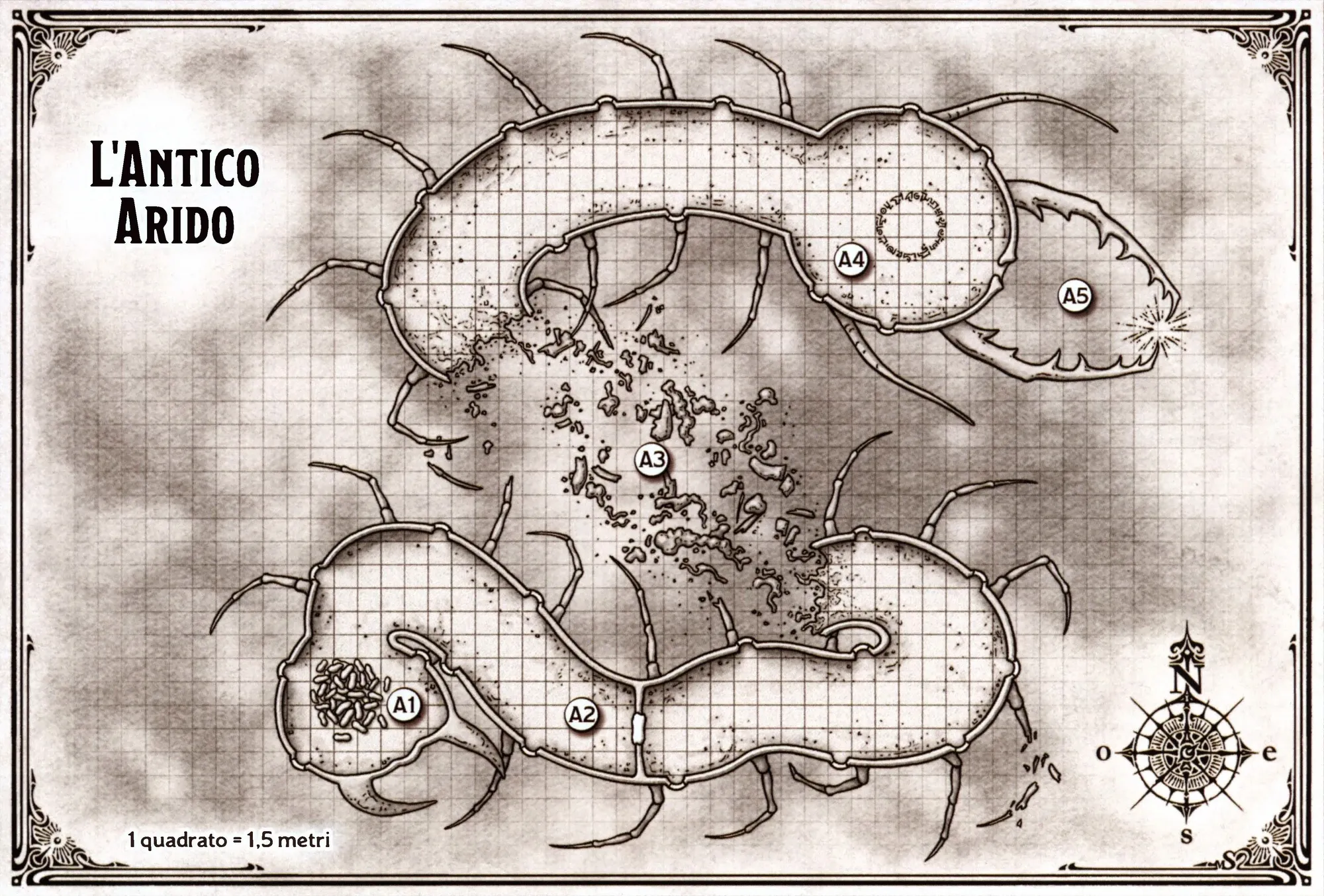 Mappa in stile antico dell’Antico Arido, a griglia, con rosa dei venti e scala di un quadrato ogni metro e mezzo: il corpo segmentato e zampato dell’entità spezzato in due tronconi, il campo di detriti al centro fra i due, un mucchio di schegge chiare nella sacca in basso a sinistra, un cerchio di rune nella sacca in alto a destra e, all’estremità destra, le mandibole con un bagliore tra le punte