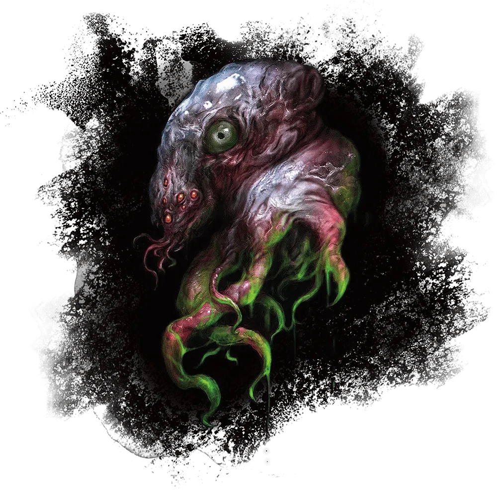 Testa affusolata simile a quella di un cefalopode, violacea e rosata, con un grande occhio verde, un grappolo di occhi rossi più piccoli e tentacoli che sfumano nel verde, sospesa in una nube nera