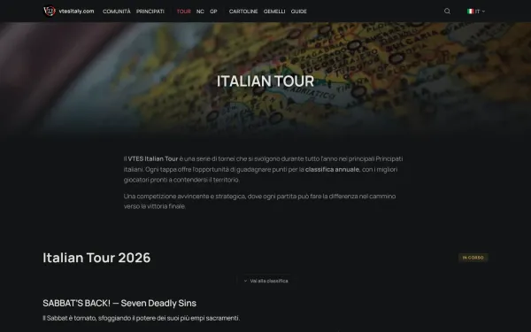 Pagina dell'Italian Tour con una carta geografica dell'Italia in testata e la presentazione del circuito a tappe sotto.