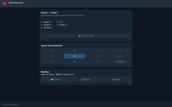 Ricostruzione dell'inserimento di un risultato: tavolo, tastiera dei VP da 0 a 5 a mezzi punti, riepilogo con conferma.
