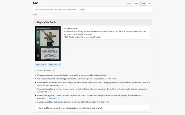Pagina FAQ con l'immagine di una carta a sinistra, il testo verbatim accanto e sotto un elenco di sei ruling ufficiali con la fonte.