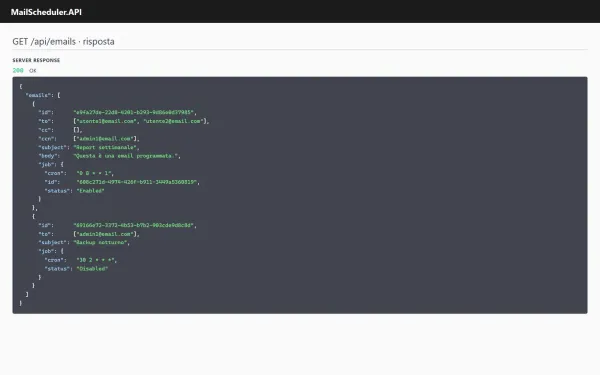 Ricostruzione della risposta di Swagger alla GET: due pianificazioni in JSON, una attiva e una ferma, con la loro espressione cron.