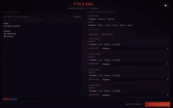 Schermata di configurazione con la decklist incollata a sinistra e a destra la scelta di ruolo, archetipo e clan di ogni avversario.