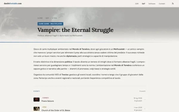 Pagina dedicata a V:tES con le schede di eventi, mazzi e accessori disposte a griglia.