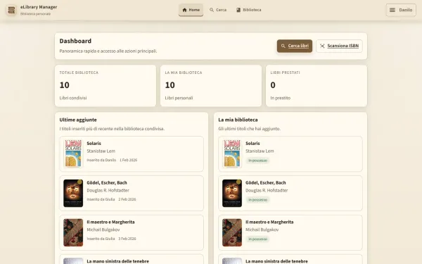 Pagina iniziale della biblioteca con i conteggi dei volumi e le scorciatoie a ricerca e catalogo.