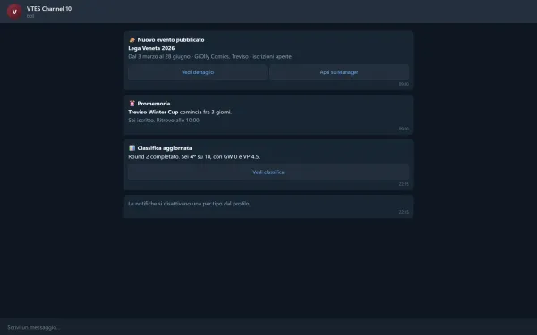 Ricostruzione delle notifiche: evento pubblicato con i due pulsanti, promemoria a tre giorni, classifica aggiornata.