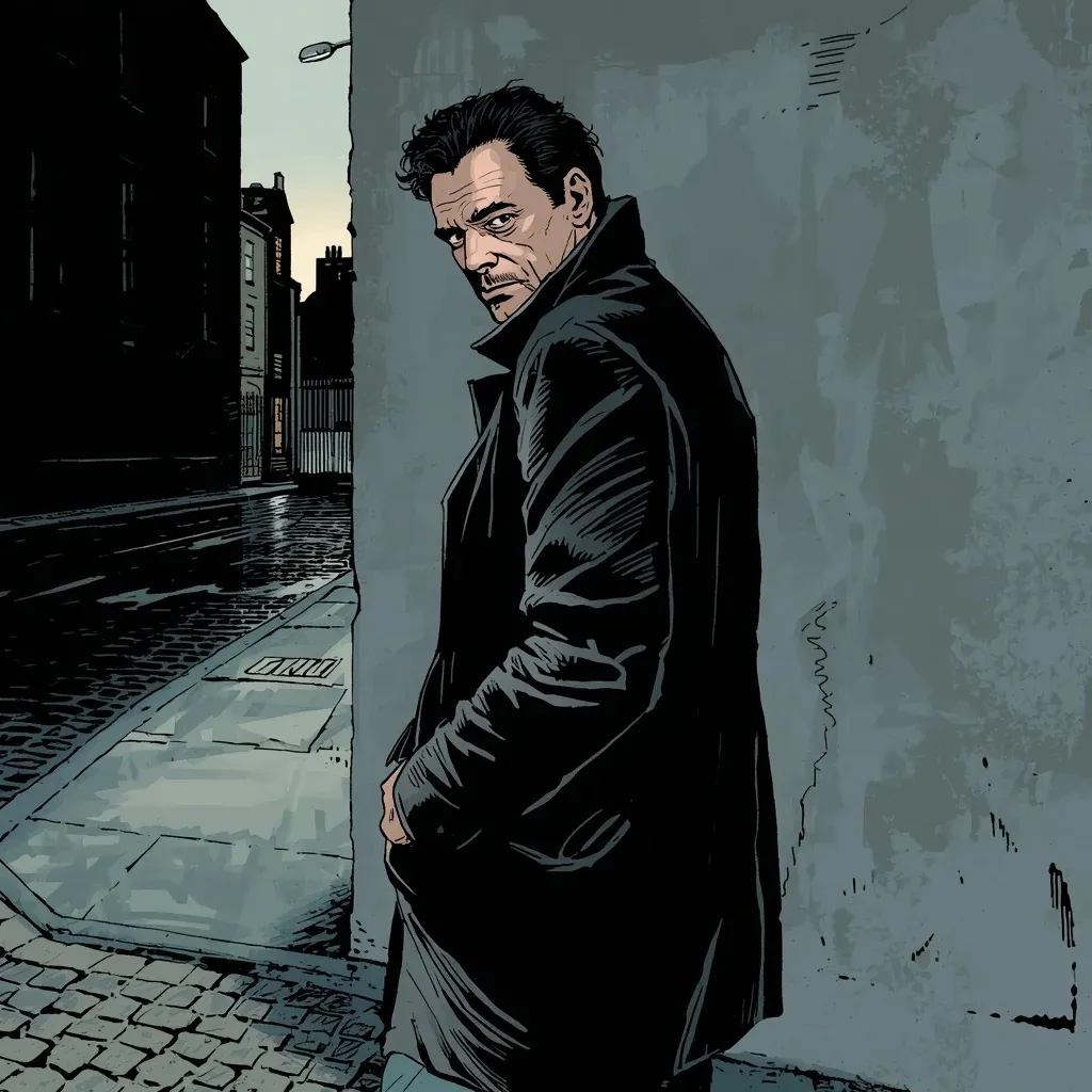 Illustrazione a fumetti di un uomo dai capelli scuri, con un cappotto nero, che si volta a guardare indietro all’angolo di una strada lastricata e bagnata